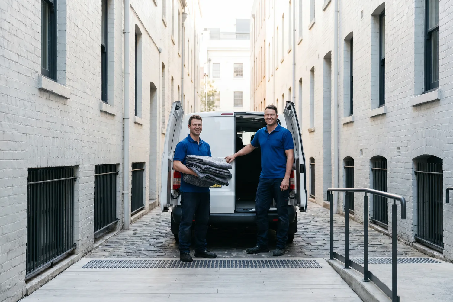 Two crew members by a plain white van in a Sydney city laneway, early morning