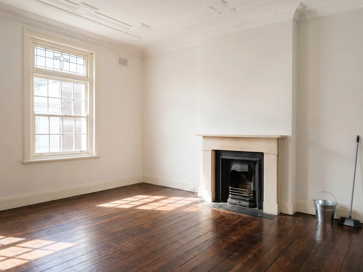 An emptied deco-era Darlinghurst room with ornate cornices, a fireplace and morning light on dark boards