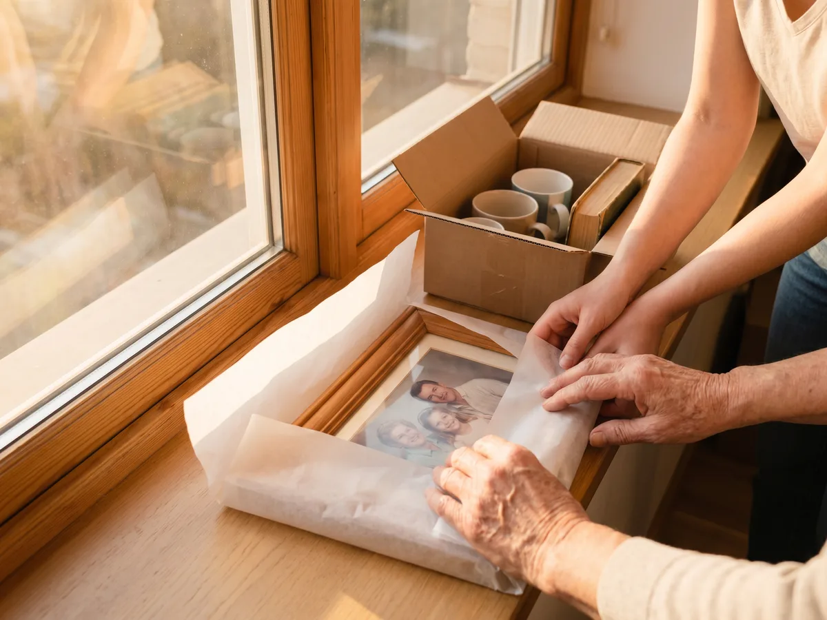 Two pairs of hands carefully wrapping a framed photograph at a windowsill