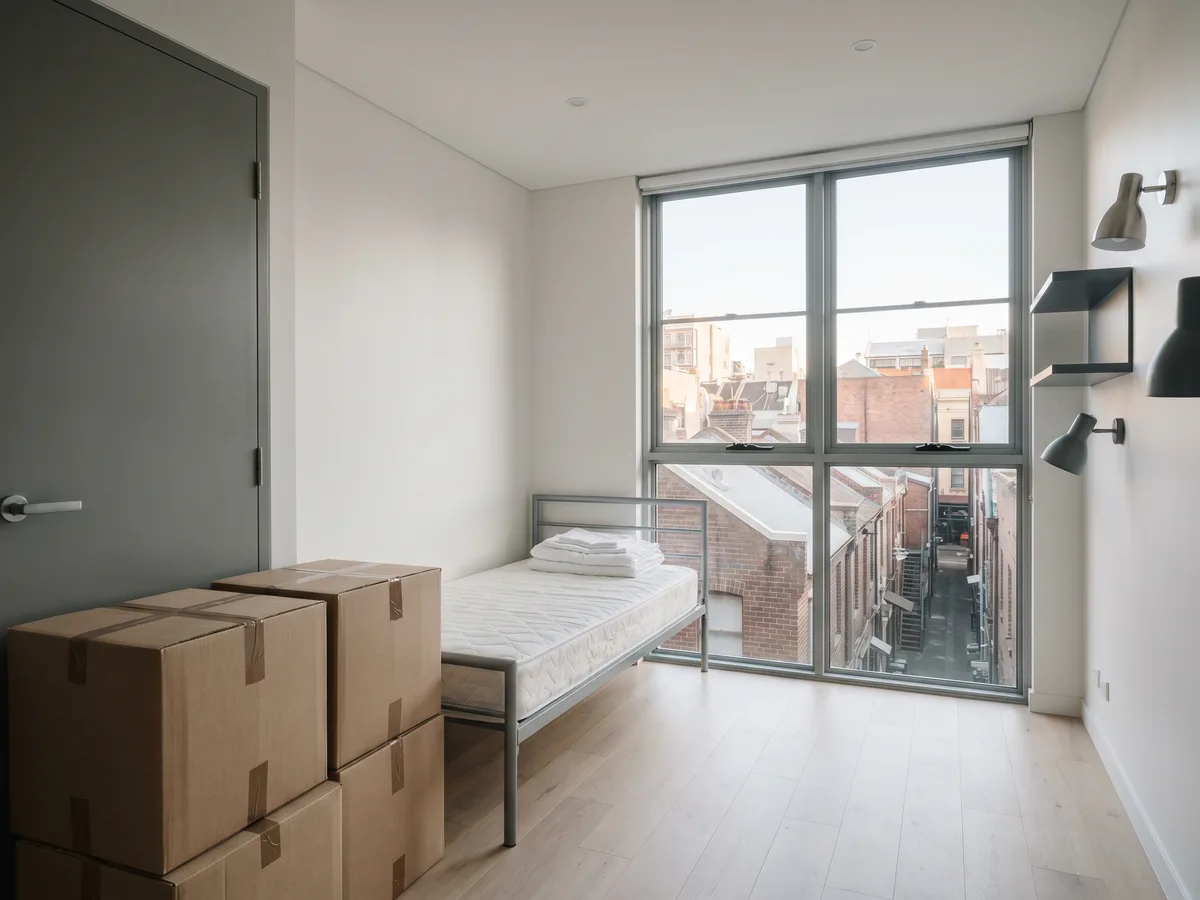 A compact Haymarket studio mid clear-out, packed boxes by the door, Chinatown rooftops through the window